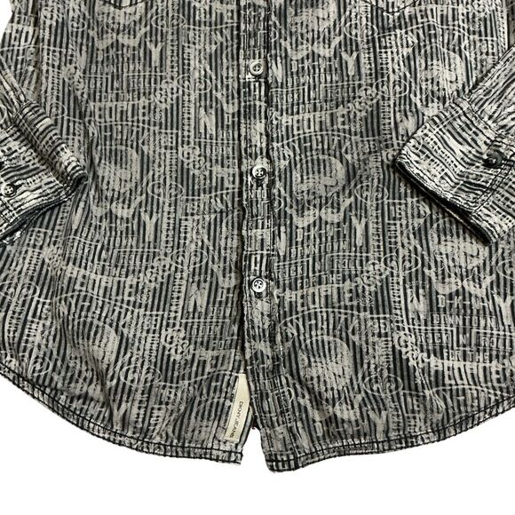DKNY Men's Button-Front Shirt Size Medium Long Sleeves Black Gray Skull Guitars - Picture 3 of 8